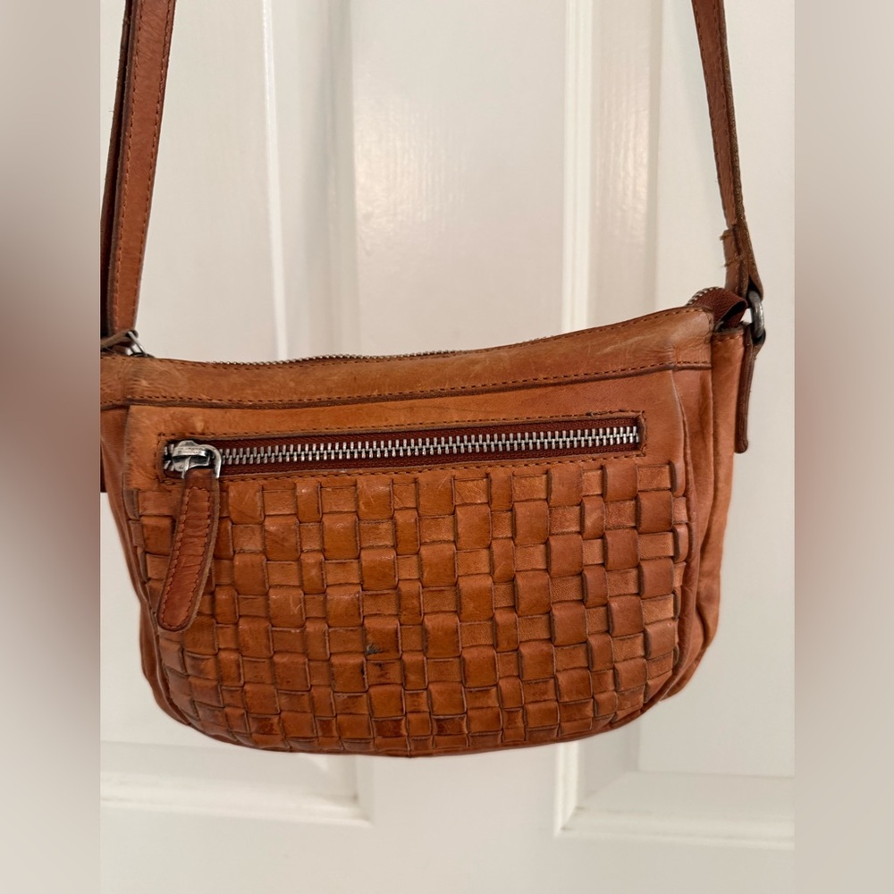 Anthropologie Woven Leather Crossbody Bag in Cognac Brown